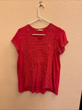Soft Surroundings Red Embroidered V-Neck Short Sleeve Top